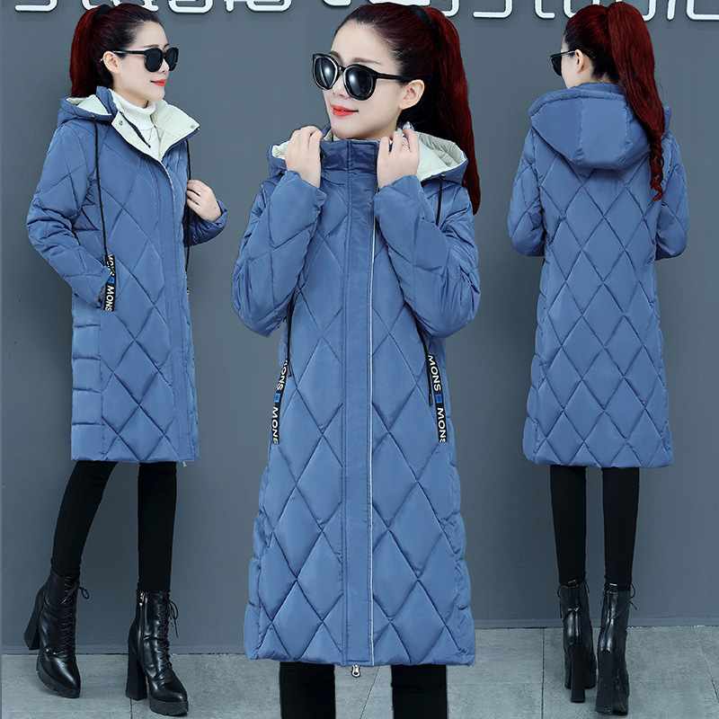 New color-blocking cotton-padded jacket for women, knee-length, thickened, slimming, diamond-shaped plus-size coat for winter Application Scenario