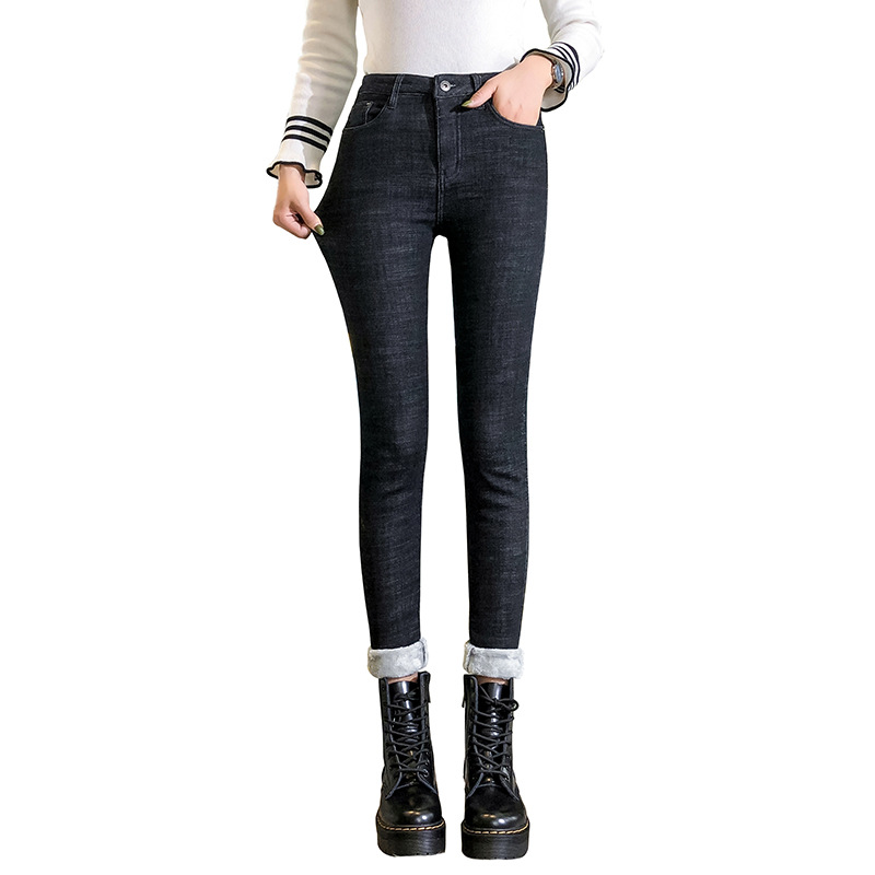 High-waisted fleece jeans for women's petite feet in autumn, new Korean style slimming tight pencil long pants, trendy Item Picture