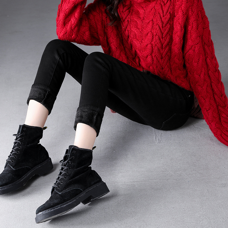 High-waisted jeans for women with petite feet in autumn 2019, with fleece for slimming and black for height-increasing tight-fitting women in winter Specification image