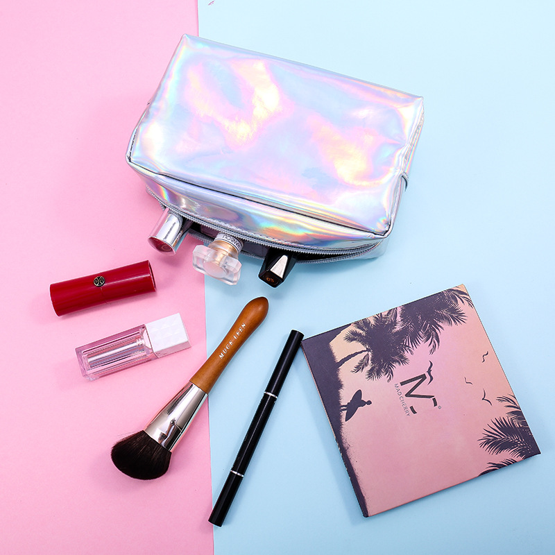 新款方形PU镭射化妆包 简约随身大容量收纳袋 手拿防水炫彩洗漱包