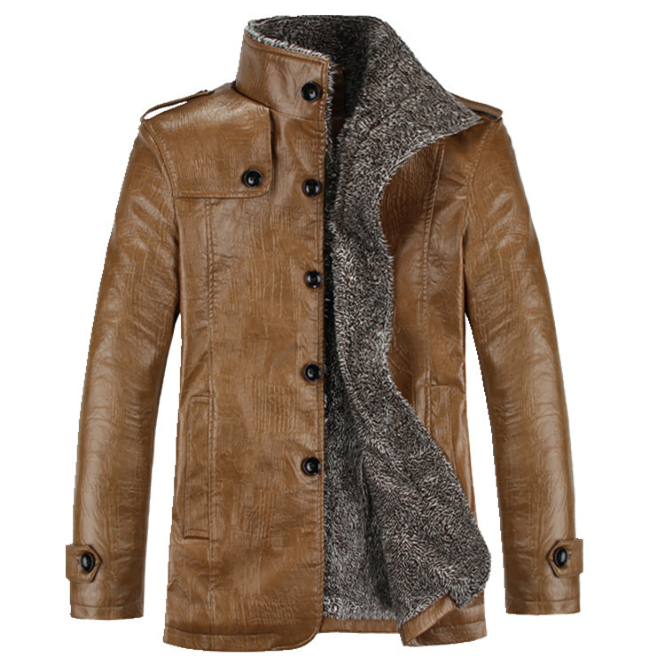 Men's fleece leather jacket for autumn and winter, middle-aged jacket, men's coat, fur integrated men's mid-length PU leather jacket wholesale