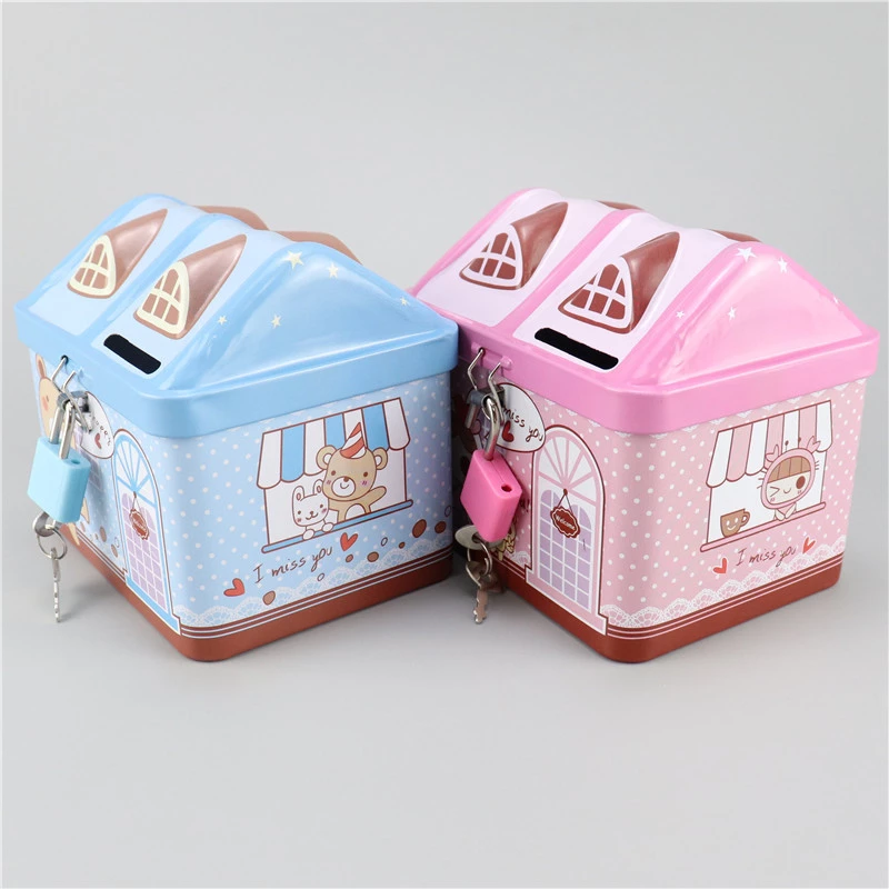 Small house piggy bank, tinplate men's and women's survival piggy bank, children's cartoon creative piggy bank details Picture