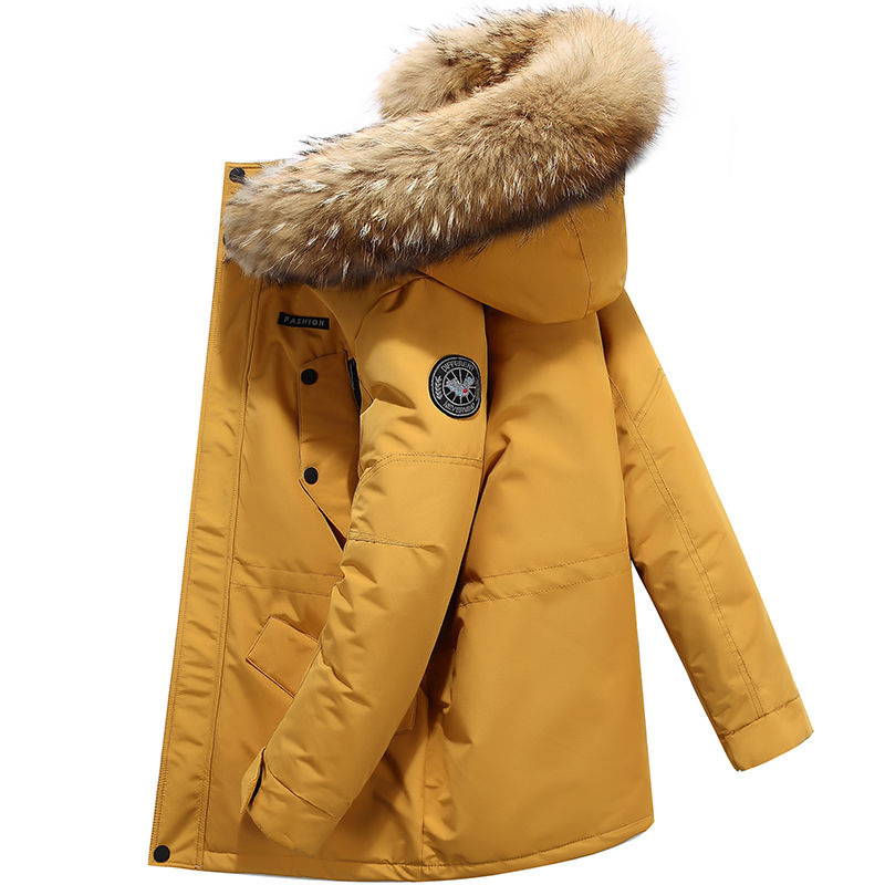 The big goose down jacket is a trendy mid-length men's jacket with duck down for warmth and a hooded top. It's a casual and stylish men's coat Item Picture