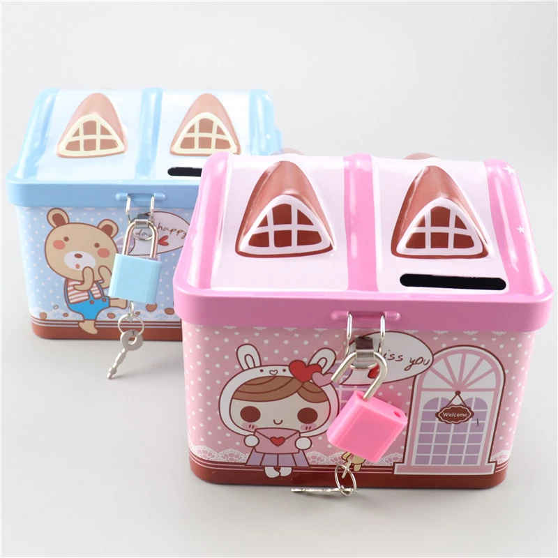 Small house piggy bank, tinplate men's and women's survival piggy bank, children's cartoon creative piggy bank full figure