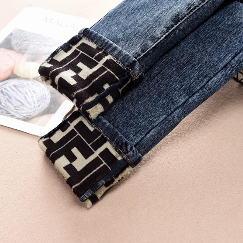 High-waisted jeans for women in autumn 2020, thickened with fleece, slimming, versatile, tight-fitting, petite 9-inch long pants for winter