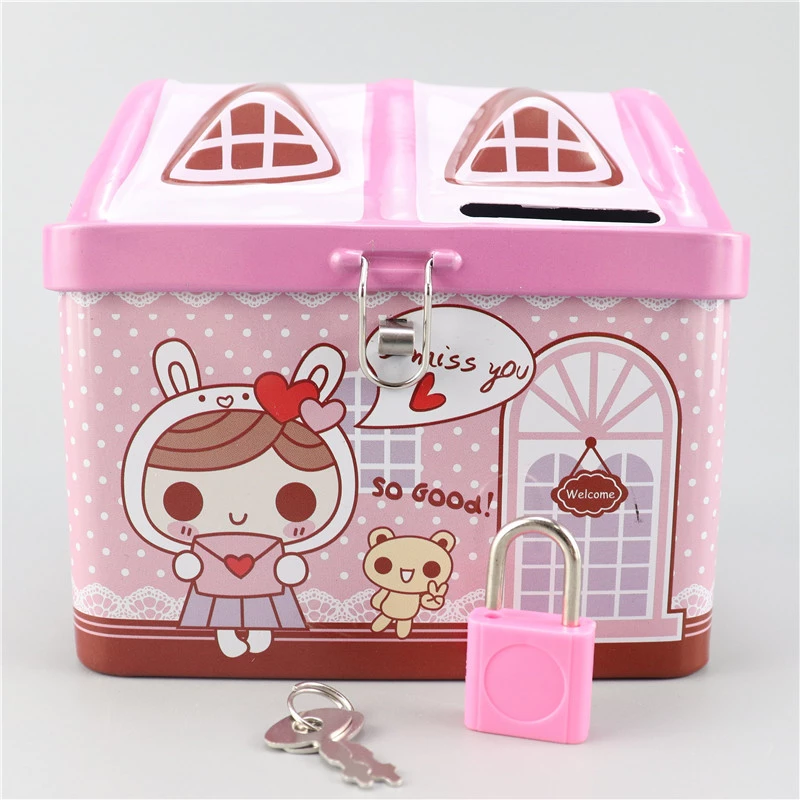 Small house piggy bank, tinplate men's and women's survival piggy bank, children's cartoon creative piggy bank Specification drawing