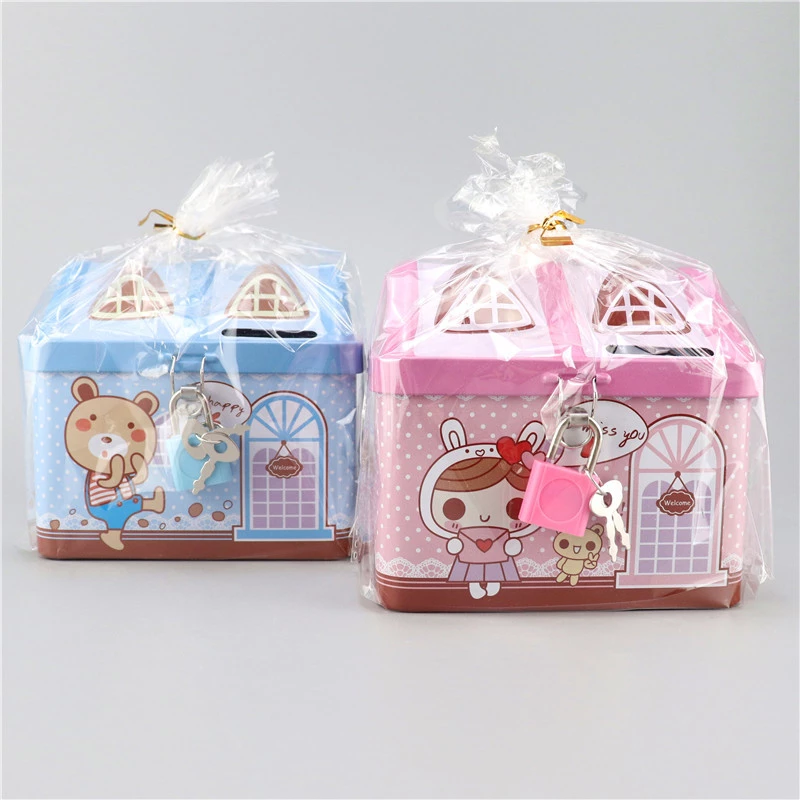 Small house piggy bank, tinplate men's and women's survival piggy bank, children's cartoon creative piggy bank Item Picture