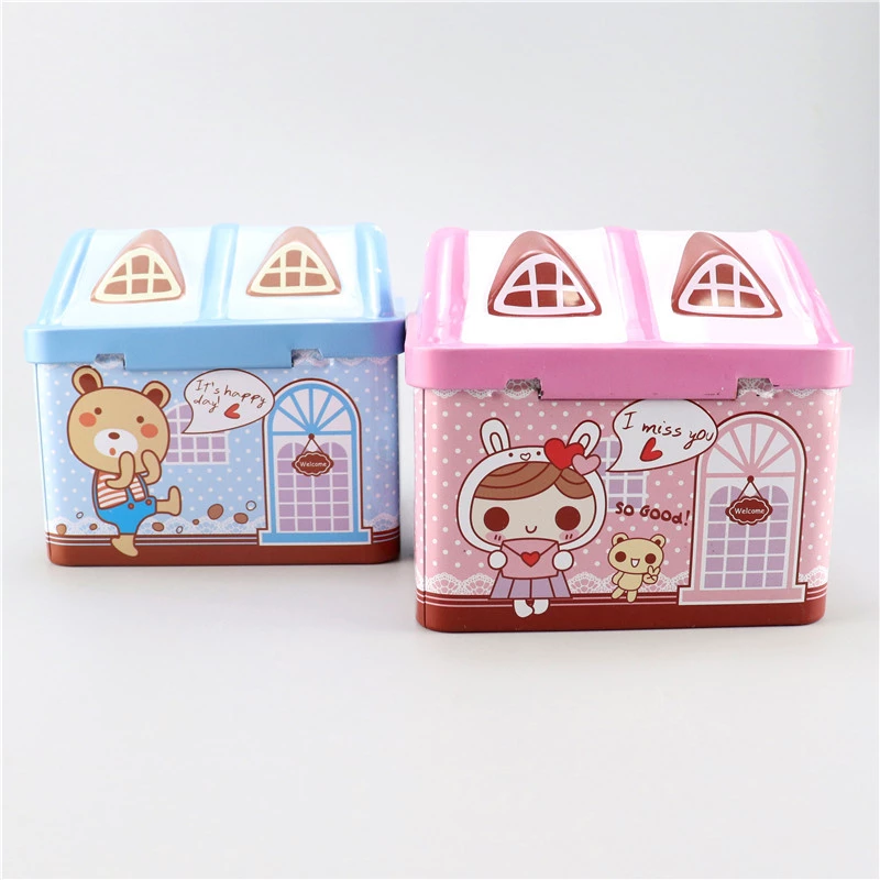 Small house piggy bank, tinplate men's and women's survival piggy bank, children's cartoon creative piggy bank Application Scenario