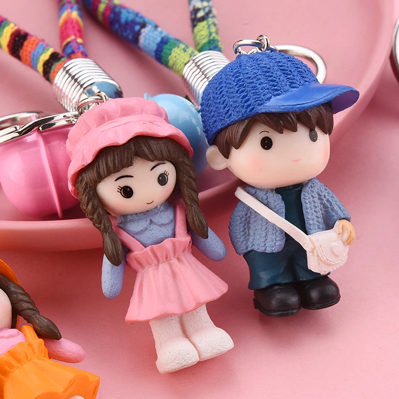 Korean version cute couple keychain pendant, creative resin antique cotton rope accessory, student schoolbag pendant gift full figure