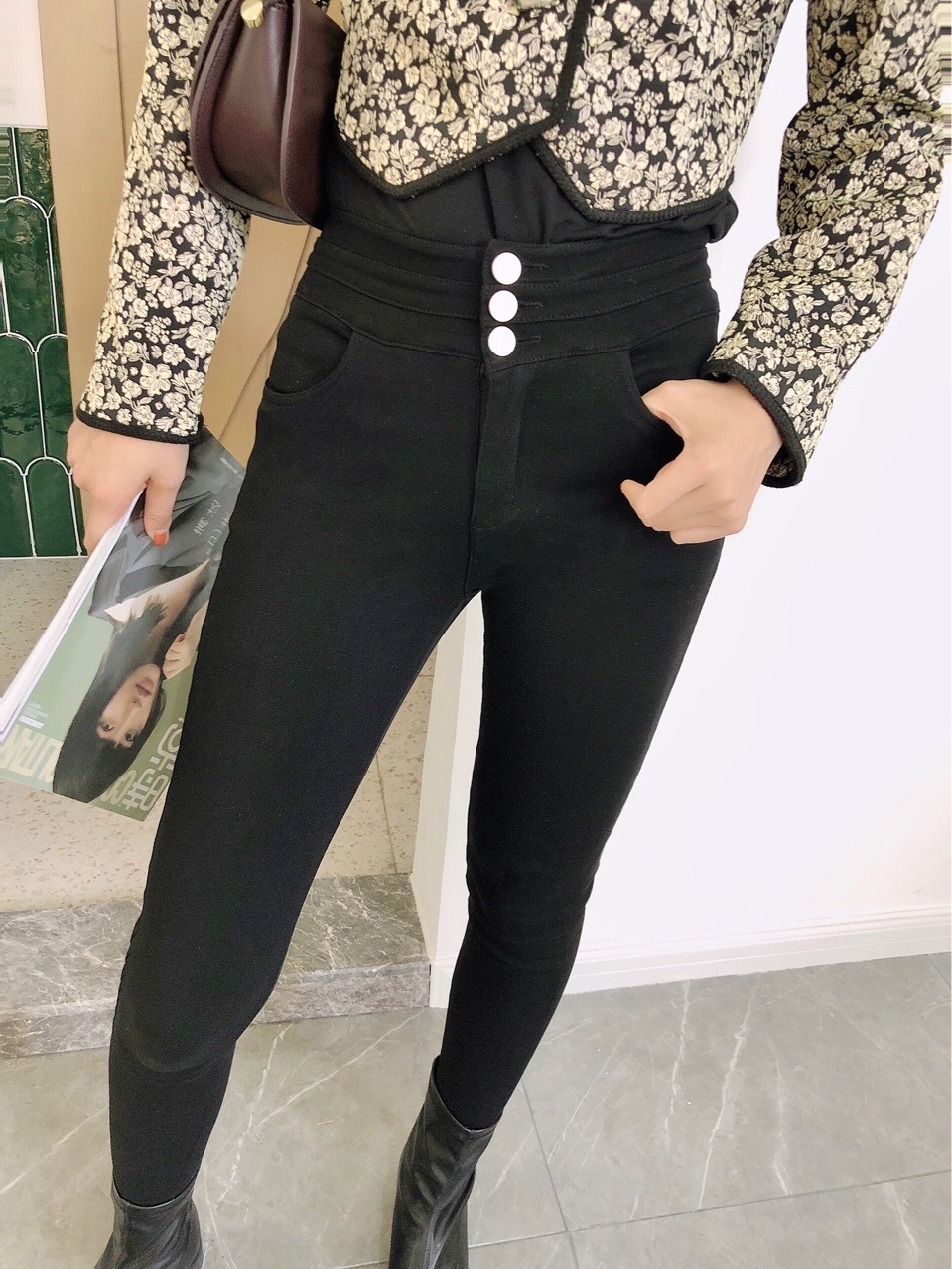 【 Lierkiss's 400g three-button little black pants 】 A slim and high-waisted outerwear for women's winter Item Picture