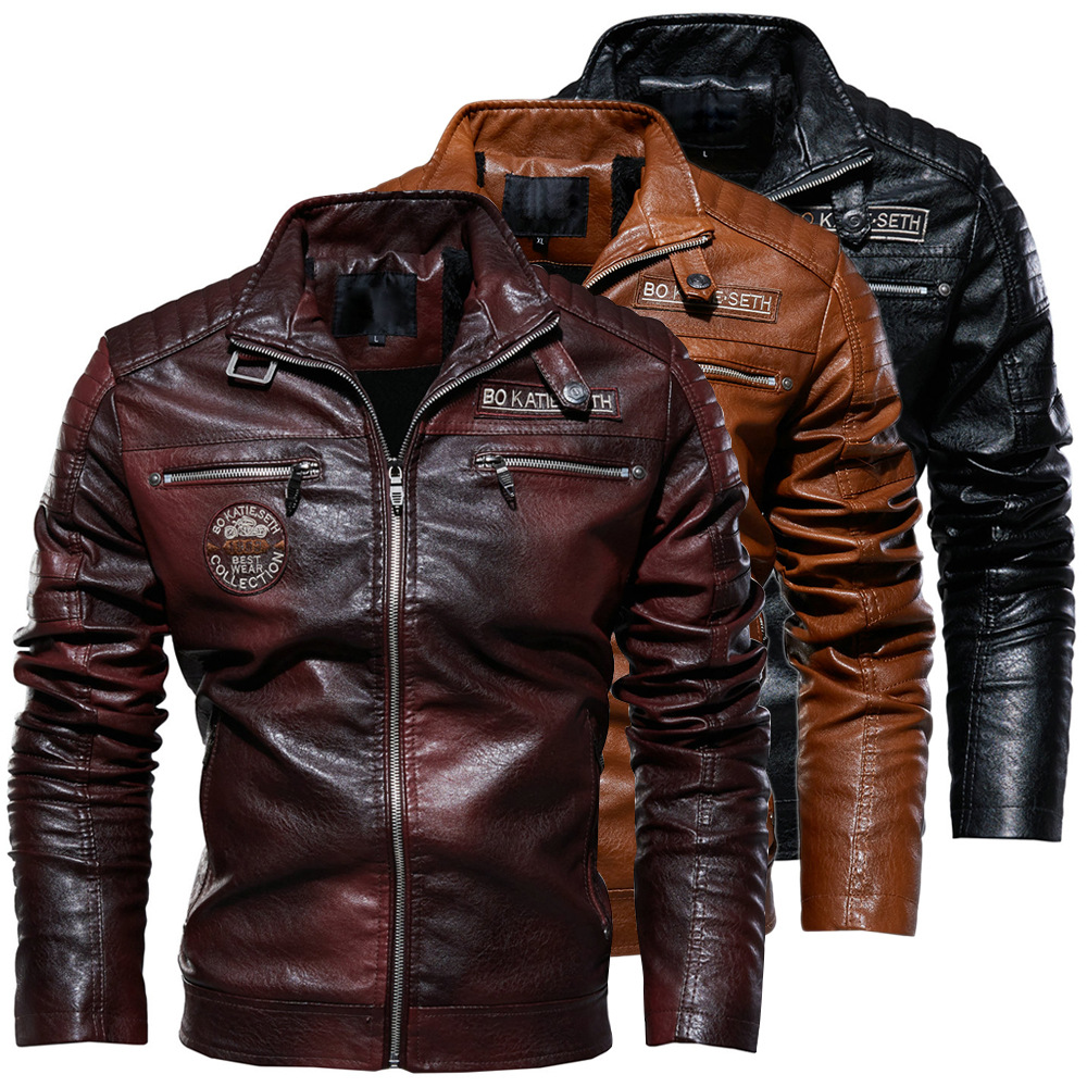 Cross-border men's leather jacket 2020 new men's pu coat, European and American motorcycle suit, modern tough guy with fleece leather jacket for men