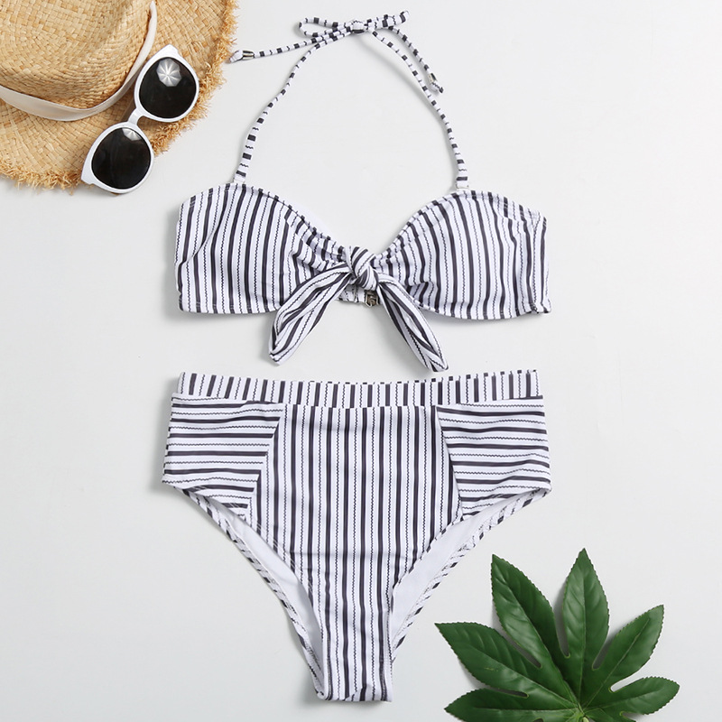 Bikini 2020 European and American swimsuit stripe bow neck sexy bikini