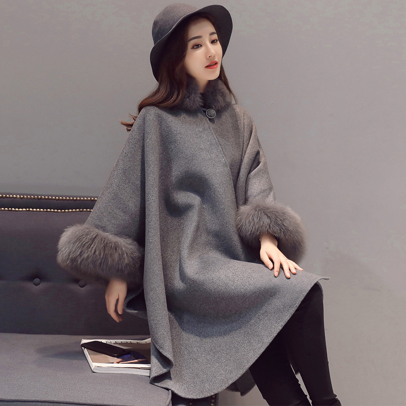 Bat-sleeved cape-style woolen coat for women, mid-length autumn/winter 2020, Korean style shawl A-line woolen coat Specification image
