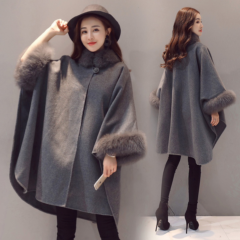 Bat-sleeved cape-style woolen coat for women, mid-length autumn/winter 2020, Korean style shawl A-line woolen coat details Picture
