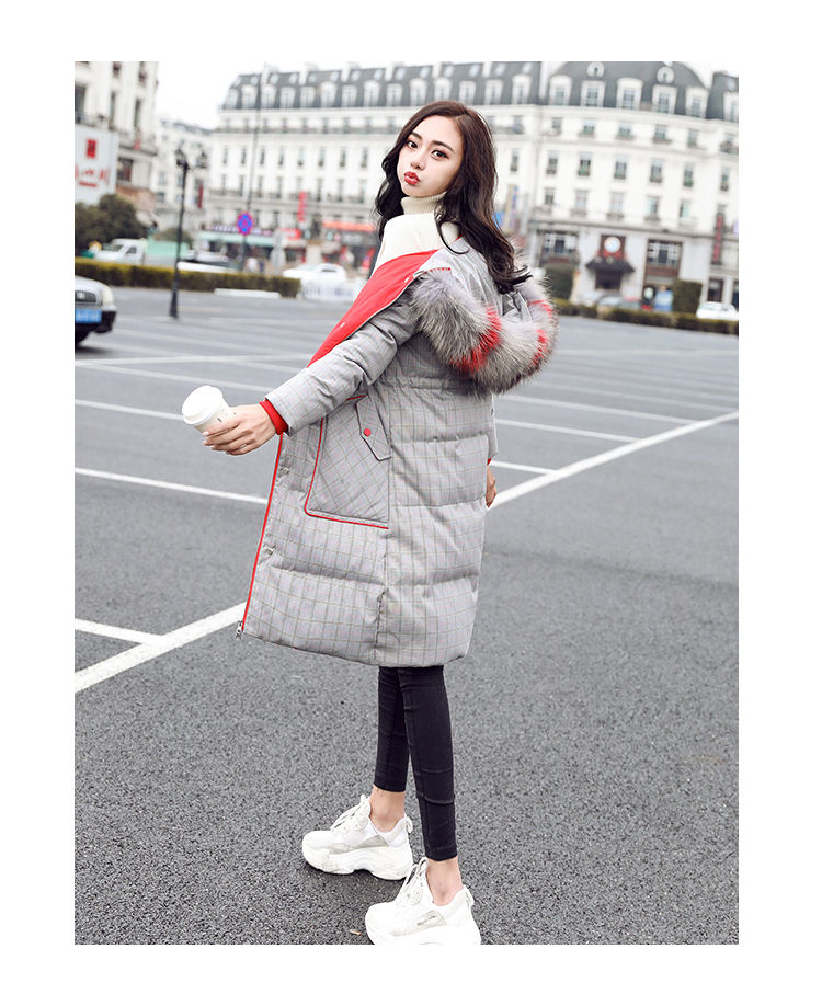 Real fur collar - Down jacket Winter new thickened medium length plaid slim down jacket for women,