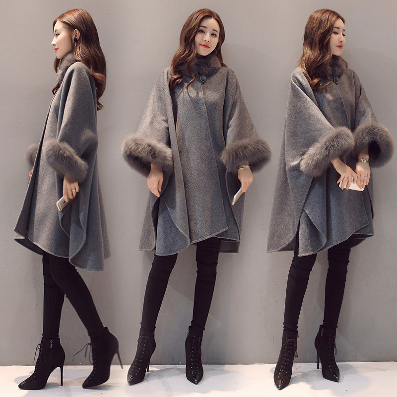 Bat-sleeved cape-style woolen coat for women, mid-length autumn/winter 2020, Korean style shawl A-line woolen coat Item Picture