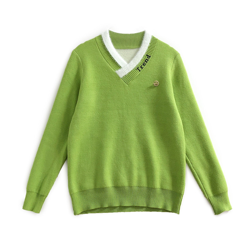 Autumn and winter knitted fleece one-piece thickened sweater with added fleece, women's V-neck, color-blocking pullover, slimming base layer top Item Picture