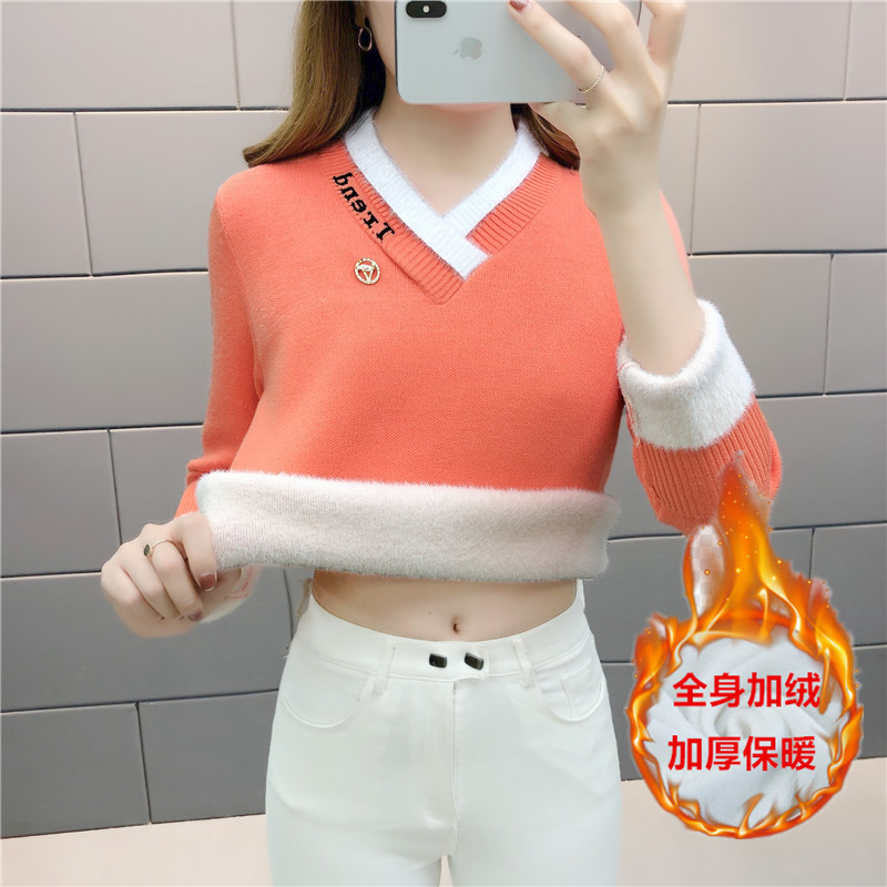 Autumn and winter knitted fleece one-piece thickened sweater with added fleece, women's V-neck, color-blocking pullover, slimming base layer top