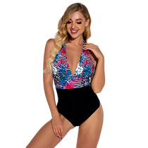 2020 new European and American women's swimwear foreign trade strap neck sexy deep V neck halter one-piece swimsuit