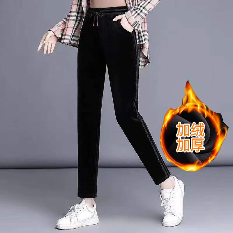 冬加绒加厚仿超绒500克女装金丝绒侧银条休闲女裤烟管裤暖暖神裤