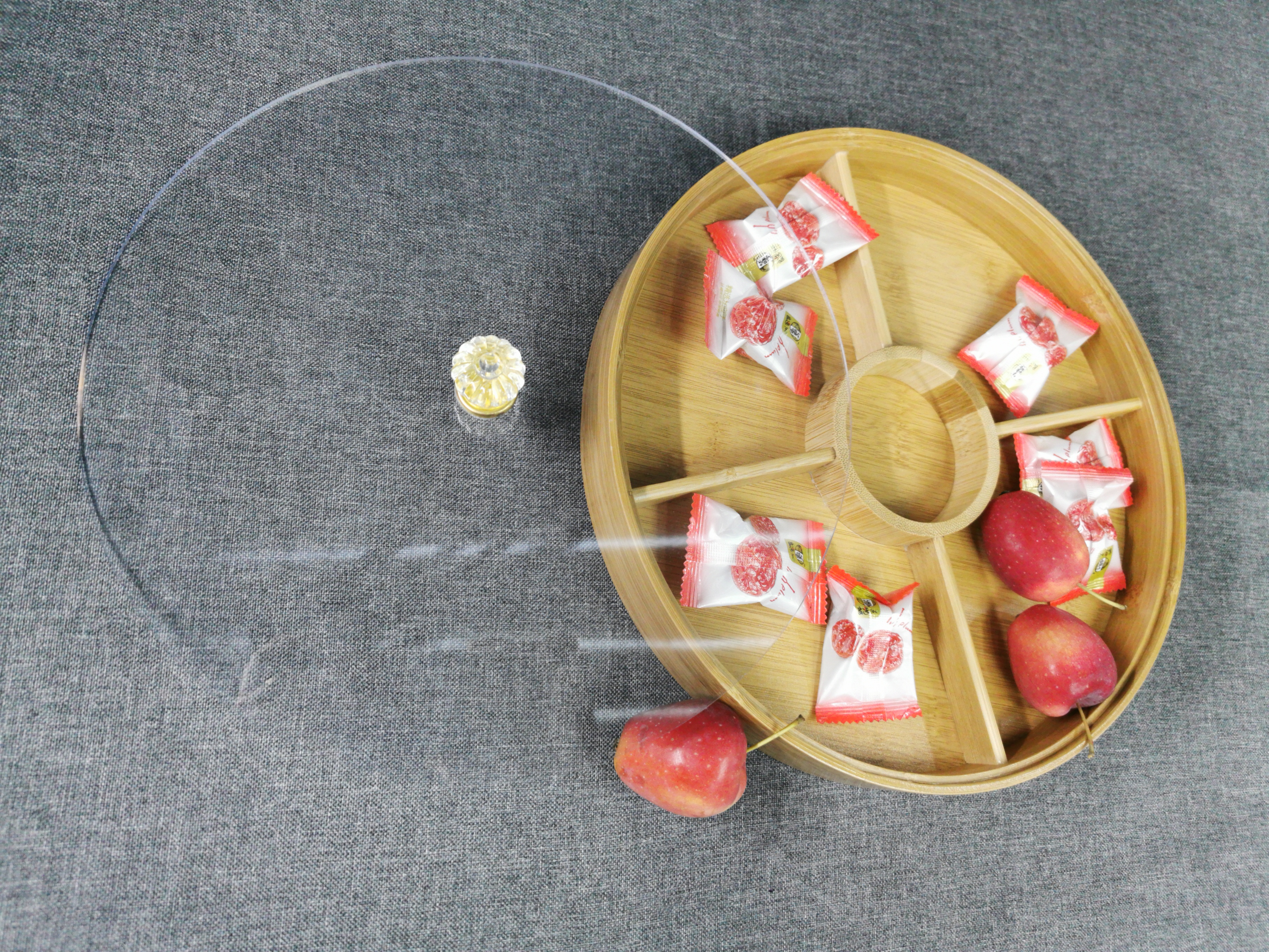 Round bamboo dried fruit box, five-compartment acrylic flat lid dried fruit box, and compartment-divided dried fruit plate