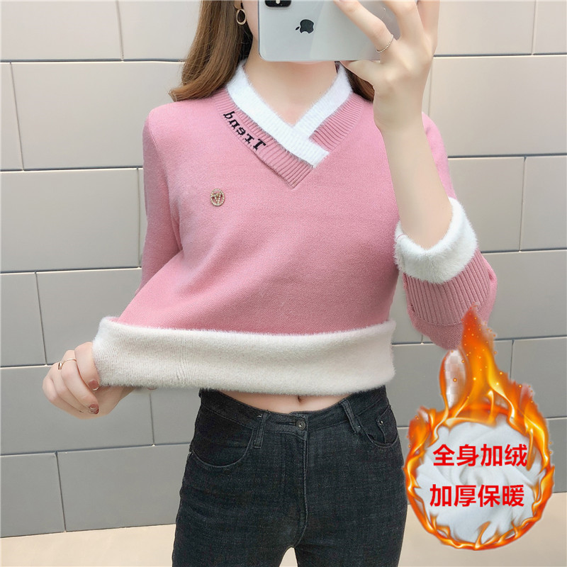 Autumn and winter knitted fleece one-piece thickened sweater with added fleece, women's V-neck, color-blocking pullover, slimming base layer top Specification image