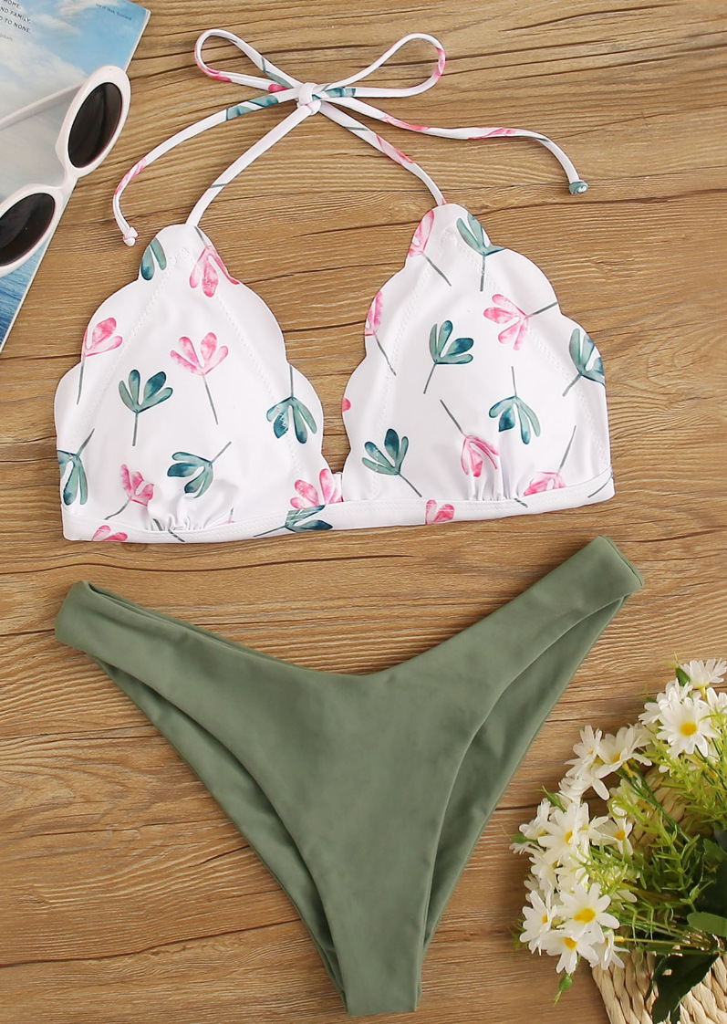 2020 New Swimsuit Plain color printed small fresh petals women swimsuit