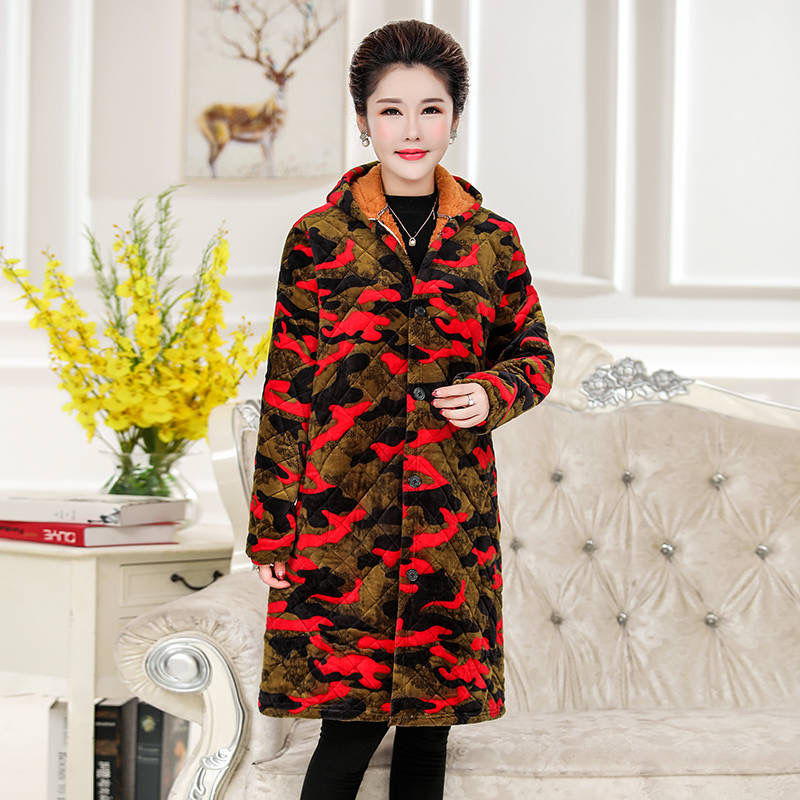 Outerwear for women, winter, middle-aged and elderly mothers, hooded cotton-padded jackets, winter wear with fleece, large size, long and thick, middle-aged women's cotton-padded jackets details Picture