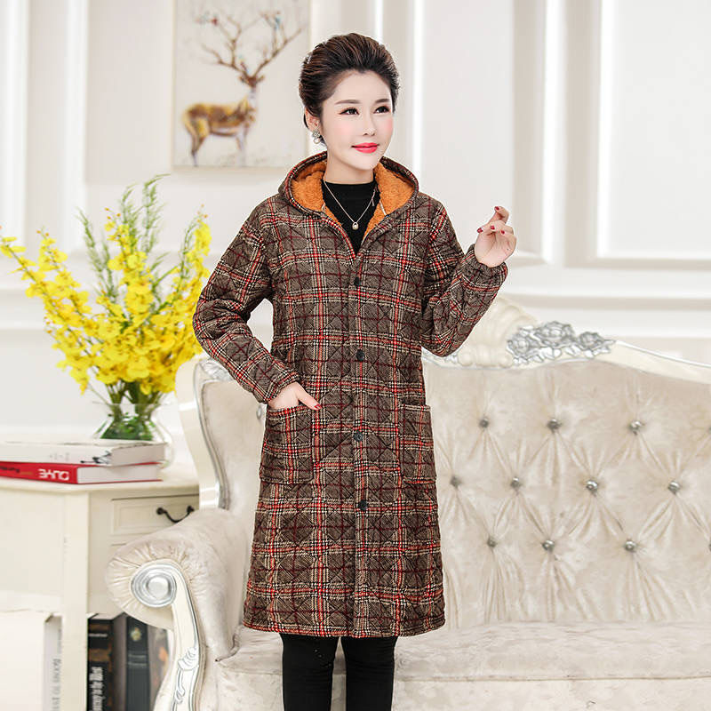 Outerwear for women, winter, middle-aged and elderly mothers, hooded cotton-padded jackets, winter wear with fleece, large size, long and thick, middle-aged women's cotton-padded jackets Specification image