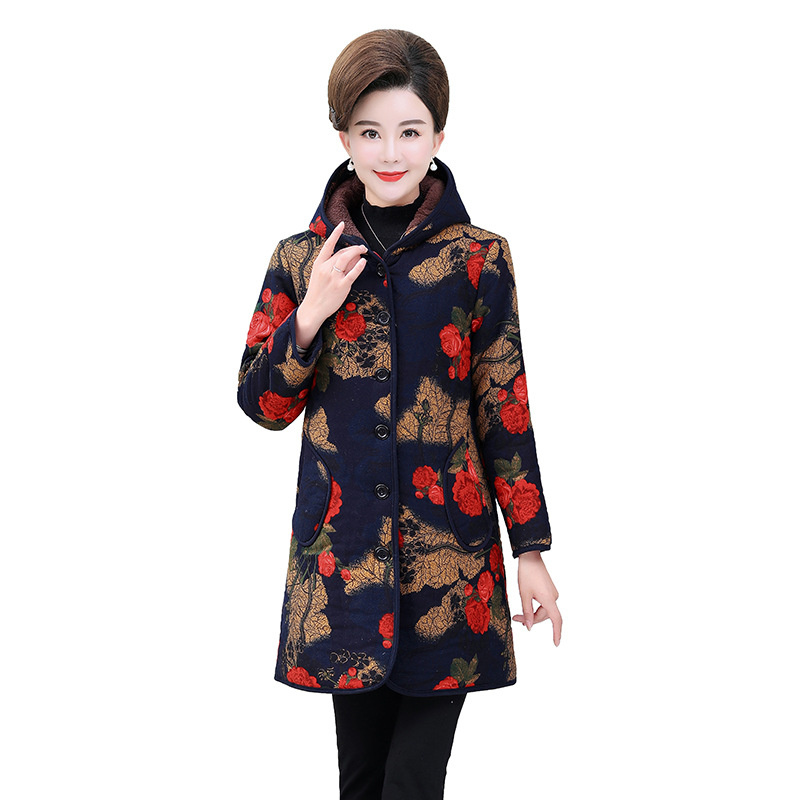 Women's clothing for the middle-aged and elderly, winter cotton-padded clothes for mothers, thick and loose cotton-padded clothes with added fleece, long hooded cotton-padded jackets for the elderly Item Picture