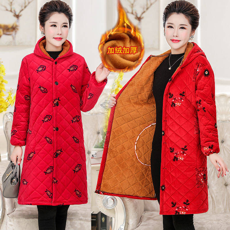 Outerwear for women, winter, middle-aged and elderly mothers, hooded cotton-padded jackets, winter wear with fleece, large size, long and thick, middle-aged women's cotton-padded jackets