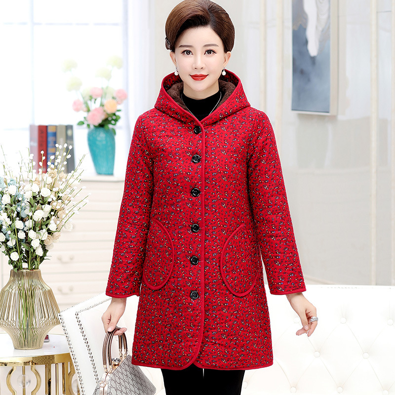 Women's clothing for the middle-aged and elderly, winter cotton-padded clothes for mothers, thick and loose cotton-padded clothes with added fleece, long hooded cotton-padded jackets for the elderly Specification image