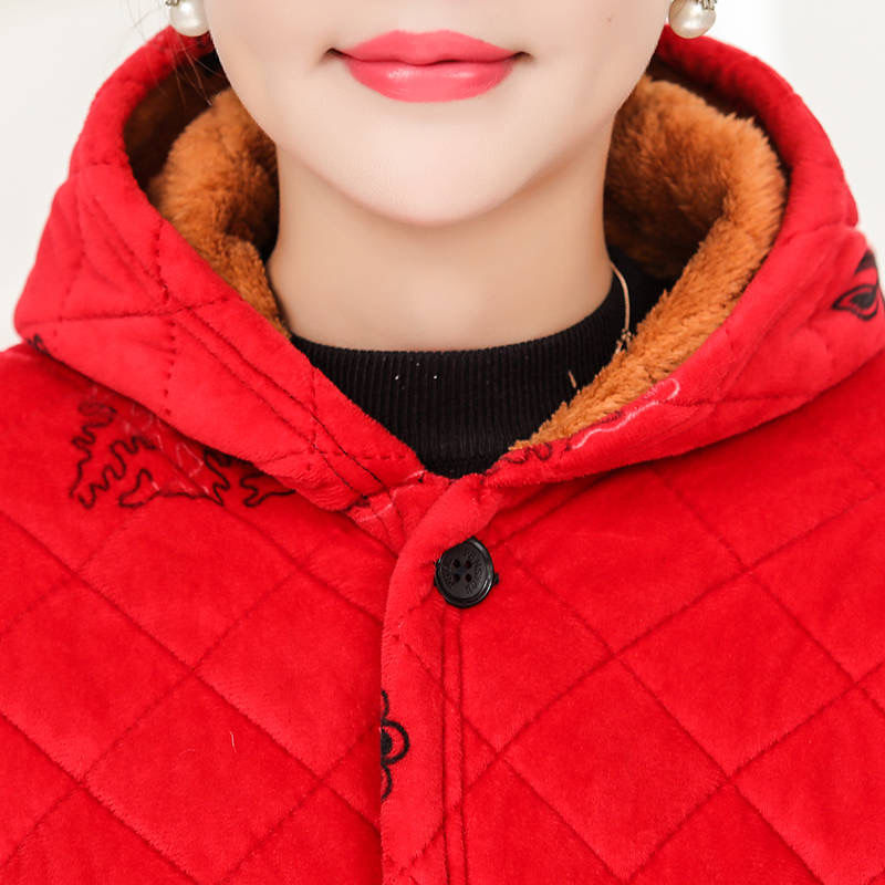 Outerwear for women, winter, middle-aged and elderly mothers, hooded cotton-padded jackets, winter wear with fleece, large size, long and thick, middle-aged women's cotton-padded jackets Item Picture