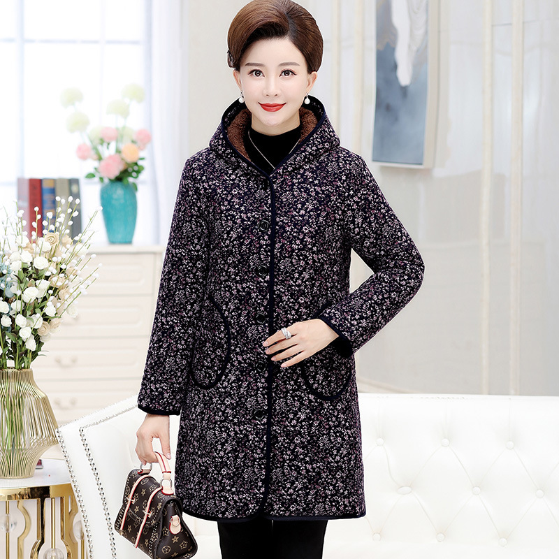 Women's clothing for the middle-aged and elderly, winter cotton-padded clothes for mothers, thick and loose cotton-padded clothes with added fleece, long hooded cotton-padded jackets for the elderly details Picture