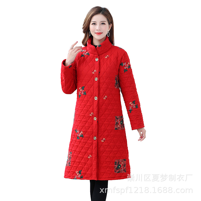 New winter cotton-padded jacket, long and patterned cotton-padded jacket with thick cotton lining for warmth, single-breasted stand-up collar Item Picture