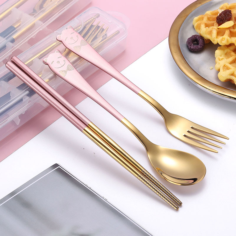 304 stainless steel tableware, spoons, forks, chopsticks, cartoon for girls, student outdoor spoons and chopsticks, portable tableware set of 3 pieces, convenient to store, not easy to deform, easy to clean, no mold, built-in silent snap-on tableware details Picture