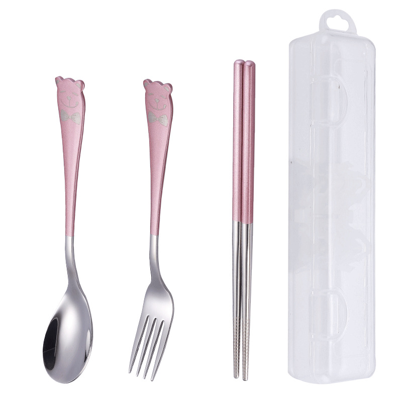 304 stainless steel tableware, spoons, forks, chopsticks, cartoon for girls, student outdoor spoons and chopsticks, portable tableware set of 3 pieces, convenient to store, not easy to deform, easy to clean, no mold, built-in silent snap-on tableware Item Picture