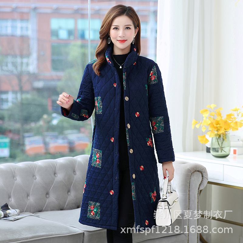 New winter cotton-padded jacket, long and patterned cotton-padded jacket with thick cotton lining for warmth, single-breasted stand-up collar details Picture