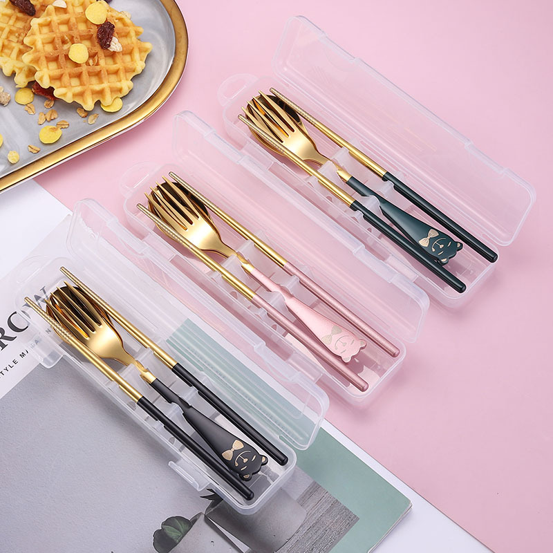 304 stainless steel tableware, spoons, forks, chopsticks, cartoon for girls, student outdoor spoons and chopsticks, portable tableware set of 3 pieces, convenient to store, not easy to deform, easy to clean, no mold, built-in silent snap-on tableware