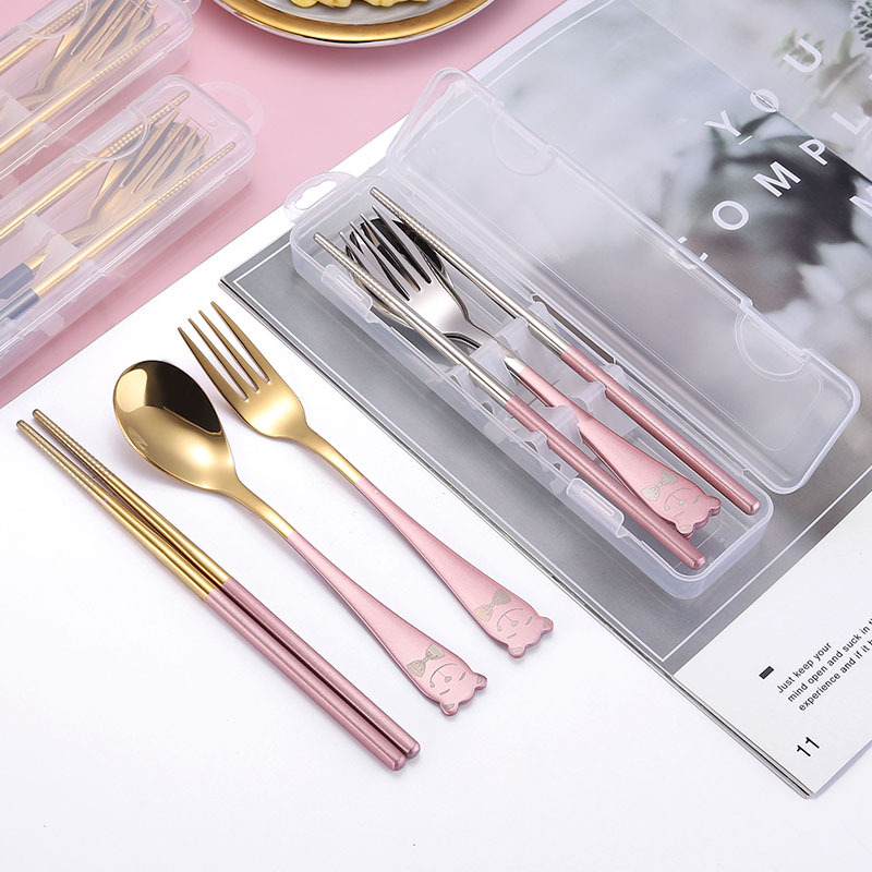 304 stainless steel tableware, spoons, forks, chopsticks, cartoon for girls, student outdoor spoons and chopsticks, portable tableware set of 3 pieces, convenient to store, not easy to deform, easy to clean, no mold, built-in silent snap-on tableware Specification image