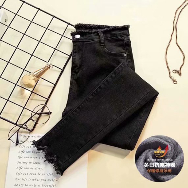 Women's autumn and winter jeans with fleece 2020 new style, high-waisted, slimming straight-leg, small-footed pencil 9-inch pants details Picture