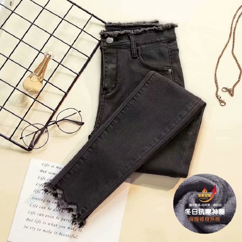 Women's autumn and winter jeans with fleece 2020 new style, high-waisted, slimming straight-leg, small-footed pencil 9-inch pants Specification image