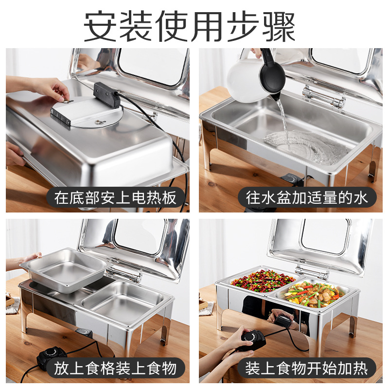 Stainless steel buffet stove, visible hydraulic cover, electric heating, square dining stove, hotel commercial breakfast stove, buffet stove, self-service fast food stove, alcohol hot pot alcohol stove, restaurant buffet store portable alcohol hot pot dining stove Application Scenario