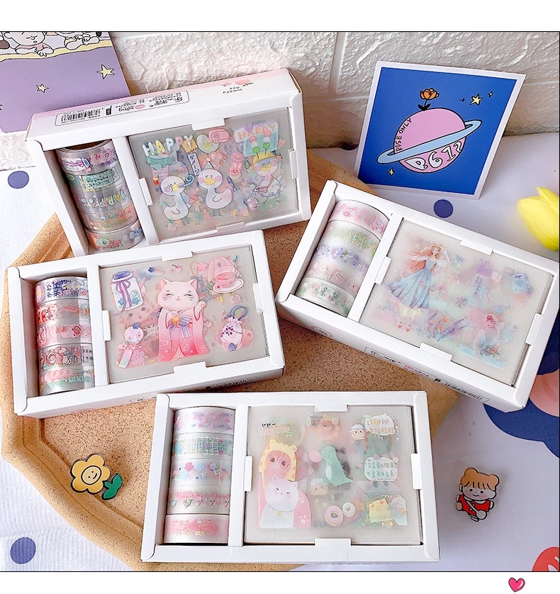 New school-style and washi tape cartoon sticker combination set, cute diary gift, fresh and clean diary sticker decoration full figure