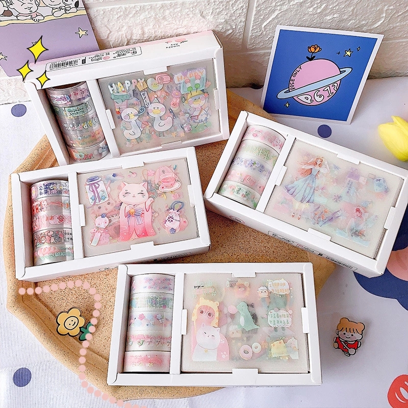 New school-style and washi tape cartoon sticker combination set, cute diary gift, fresh and clean diary sticker decoration Item Picture
