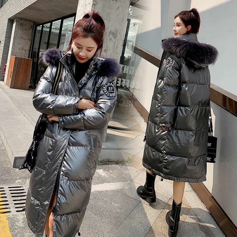 Action Europe station oversized fur collar bright face medium length down jacket women's knee-thick loose washable jacket