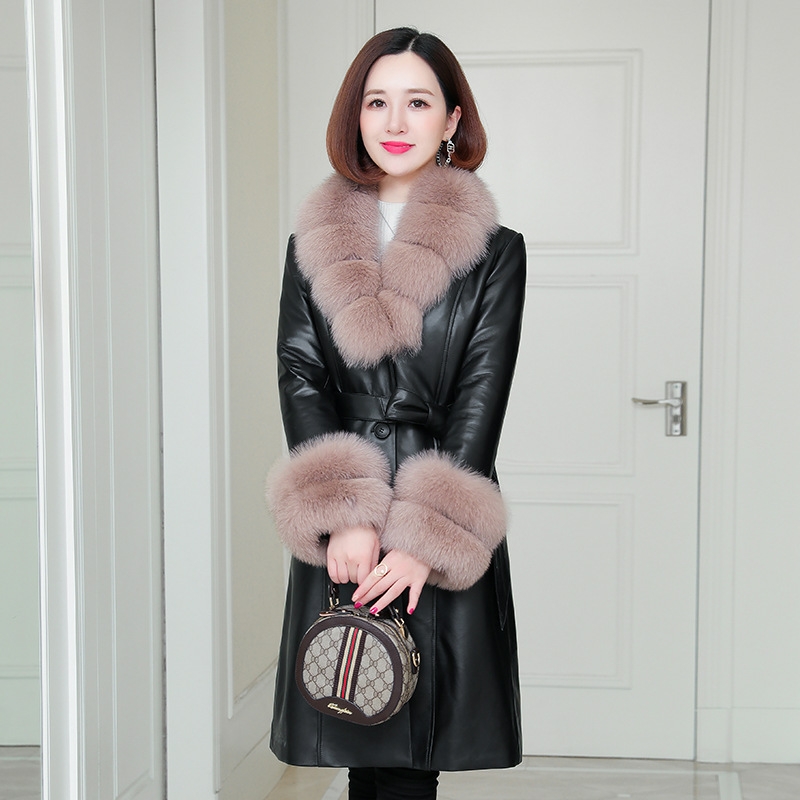 202. Haining real leather down jacket Female sheep long fur coat Fox hair Korean slim mid length coat