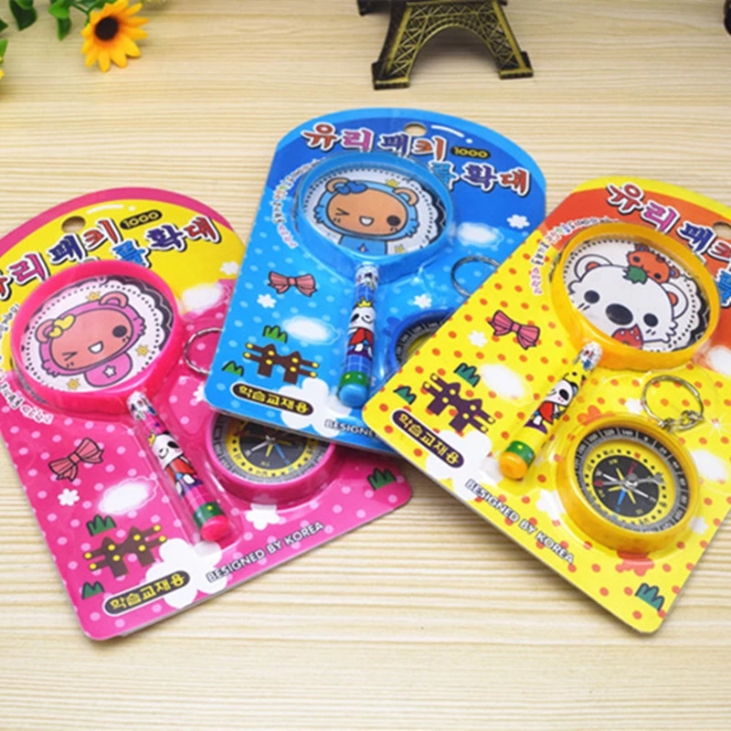 Wholesale cartoon magnifying glass compass sets, student and children's toys, stationery, gift sales, learning stationery hot full figure