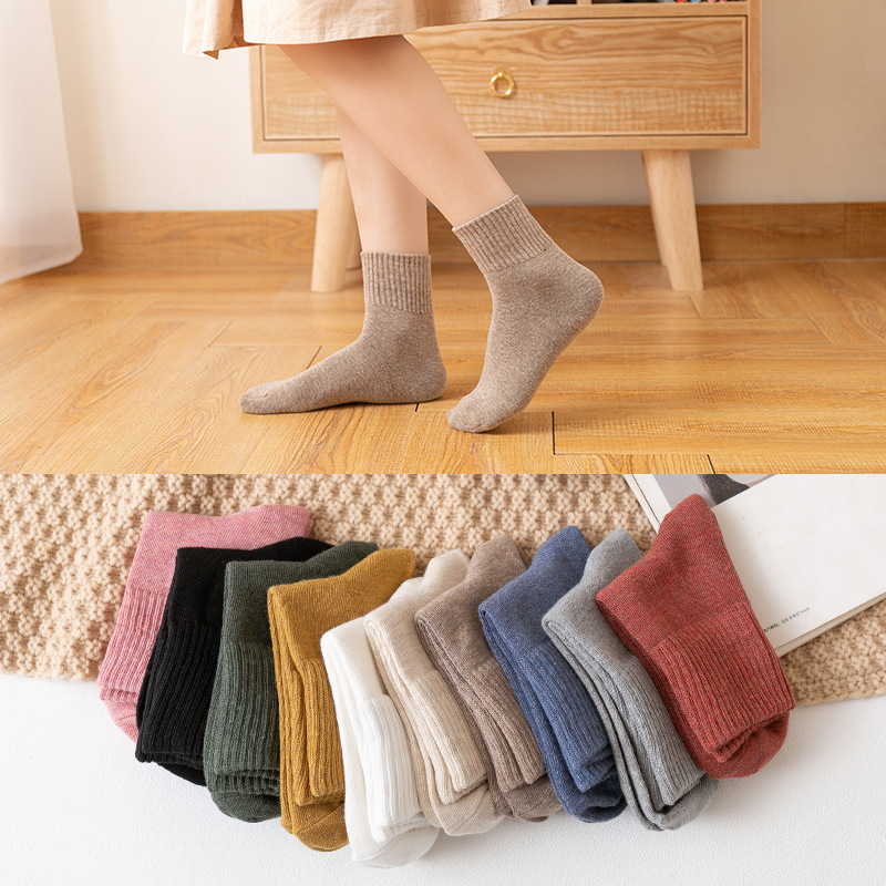Autumn And Winter Socks Japanese Solid Color Women's Mid-Tube Socks High Rims Cotton Socks Female Spot Free Mail Manufacturers Wholesale Female Socks Specification drawing
