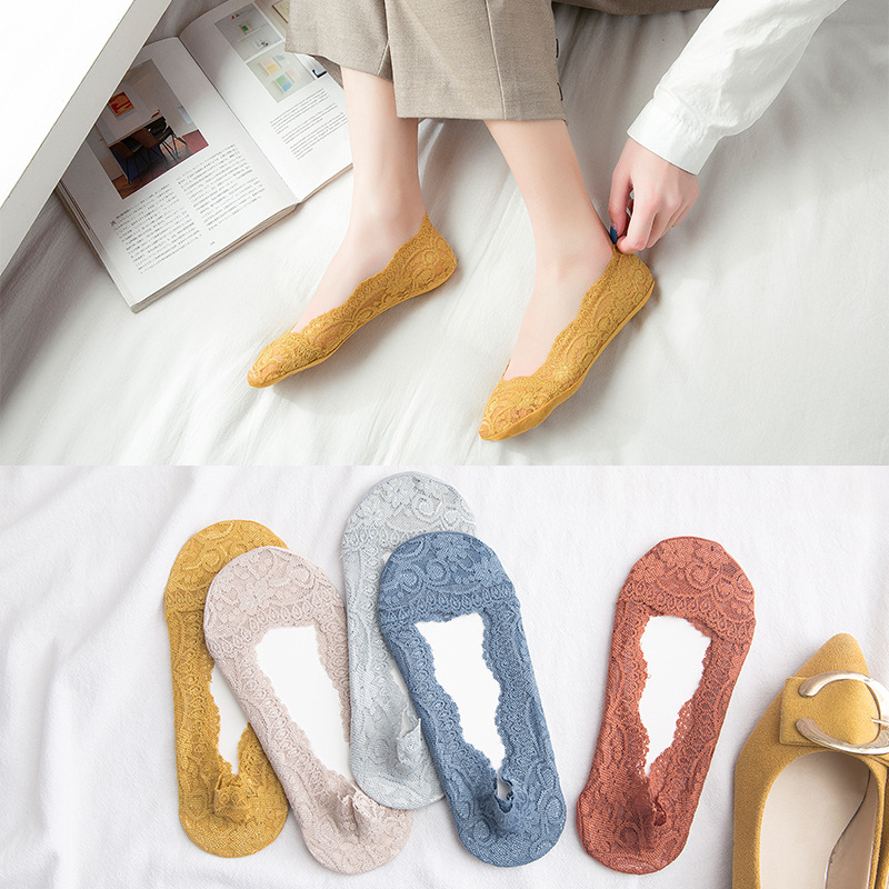 New bright color lace lace socks female Japanese pure color summer mesh shallow mouth silicone non-slip invisible socks details Picture